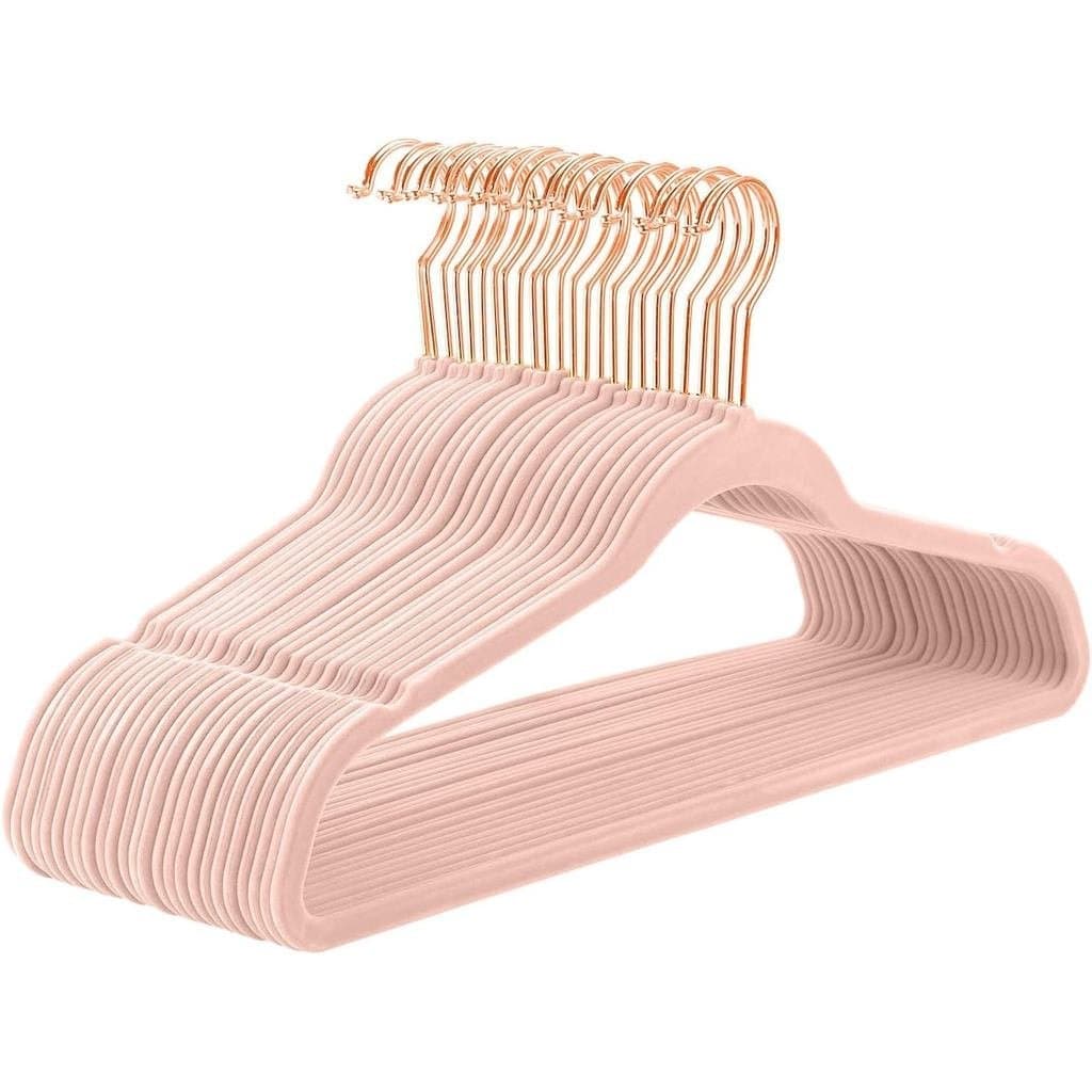 Cabides de Veludo Premium MIZGI (Pacote com 50) - Cabides de Feltro Antiderrapantes - Rosa Claro - Ganchos Giratórios 36
