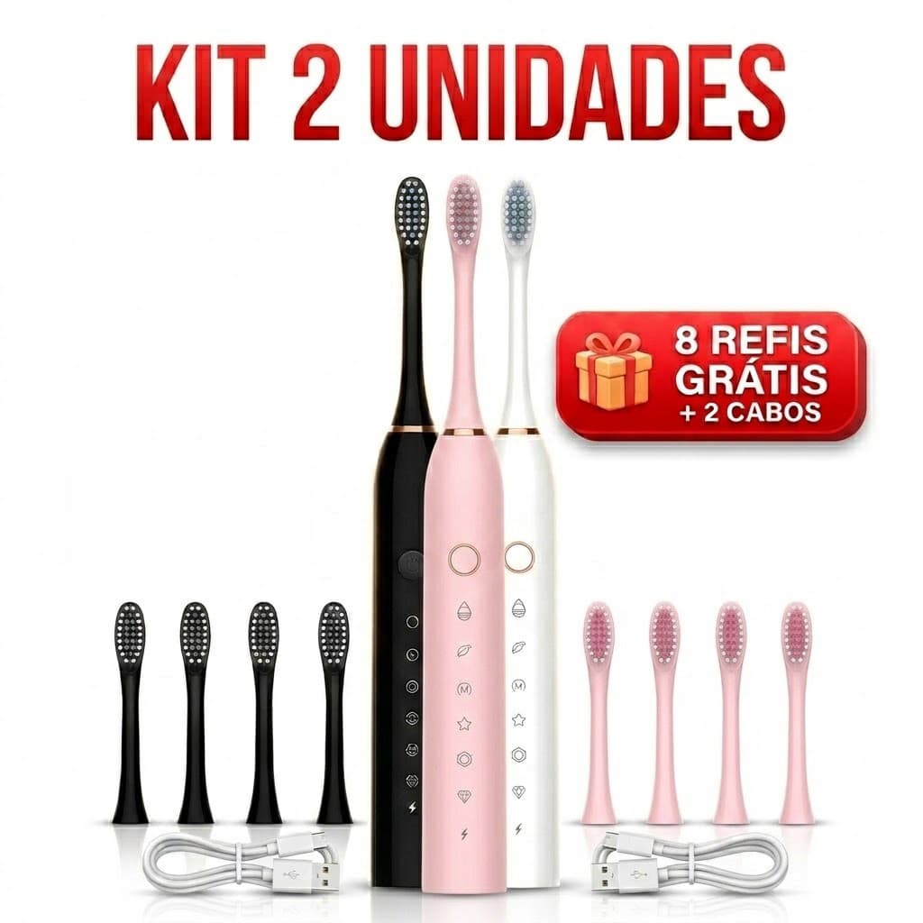 Kit 2 Escova de Dentes Elétrica Sonic - Recarregável + 4 Refis Grátis - IPX7