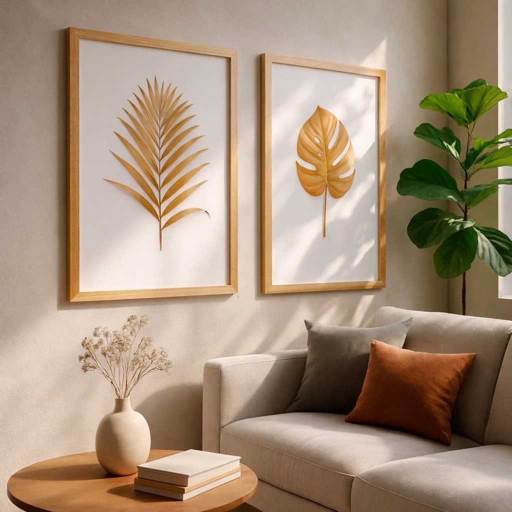 Kit 2 Quadros Folhas Douradas Com Fundo Branco Clean Elegante Home