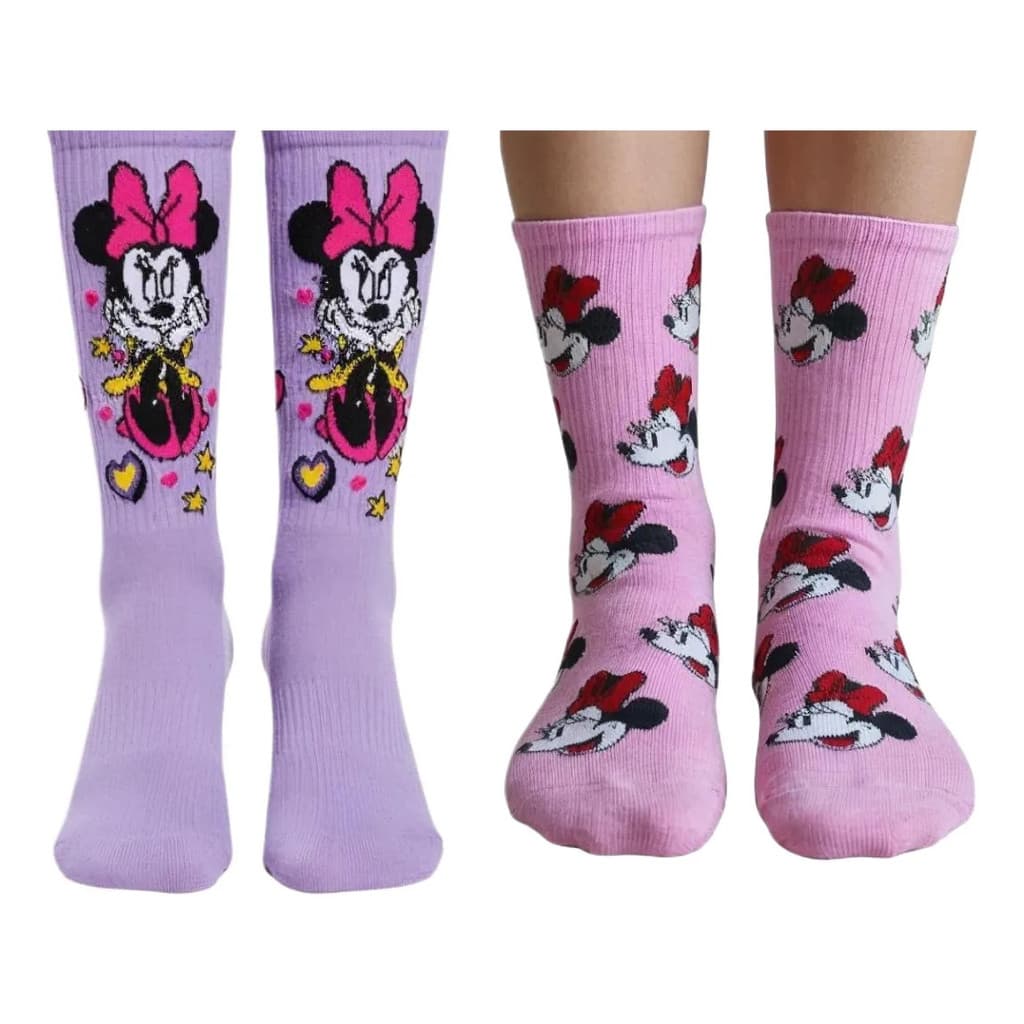 Kit 2 Meias Minnie Rosa Lilás Divertida Cano Longo Estampada
