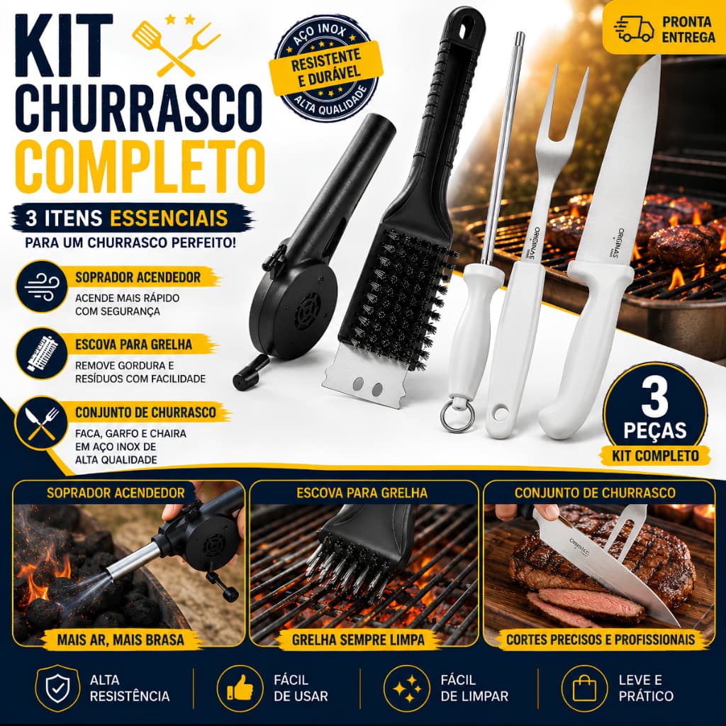 Kit Churrasco Completo 5 Peças Faca Garfo Chaira Escova Limpa Grelha Soprador Acendedor Manual dia dos pais