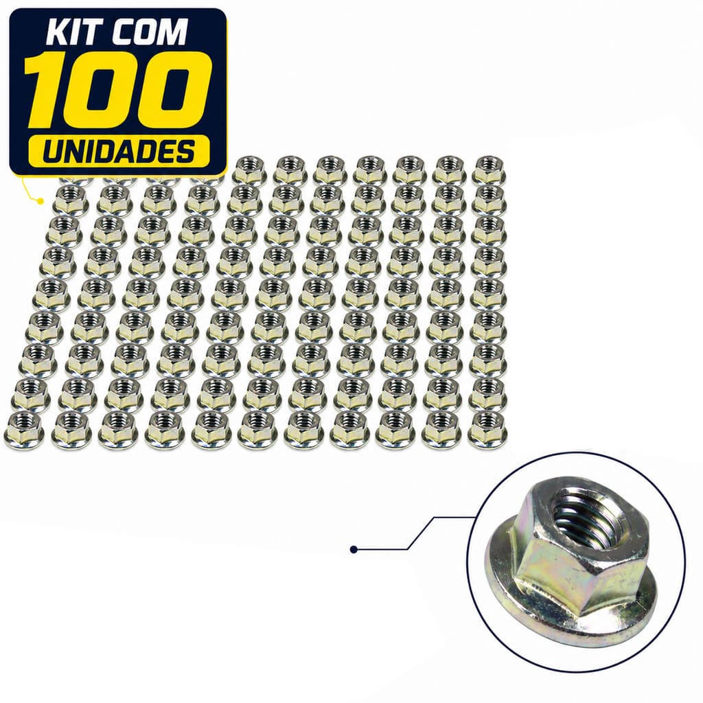 Kit 100 porca M8 sextavada com flange chave 12 zincada