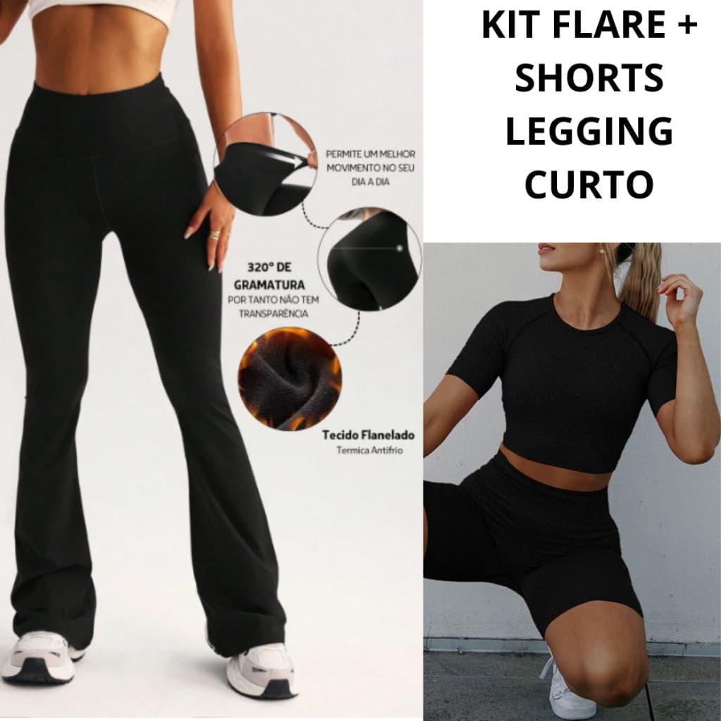 Kit 2 Calças + SHORTS legging Flare Cintura Alta Suplex Casual Boca Sino Bailarina Feminina