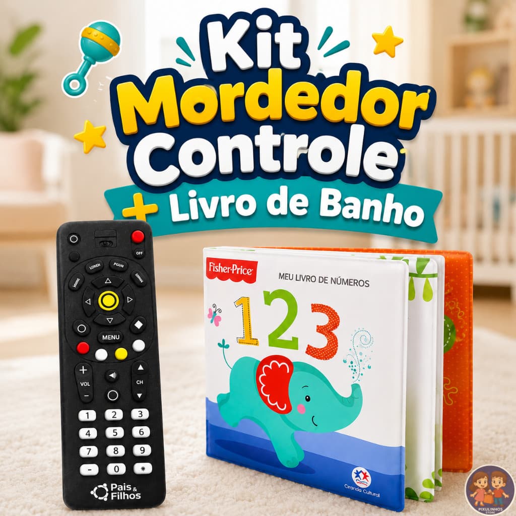 Kit Bebê Mordedor Controle Remoto e Livro de Banho Infantil Educativo Livre BPA Macio Atóxico Seguro