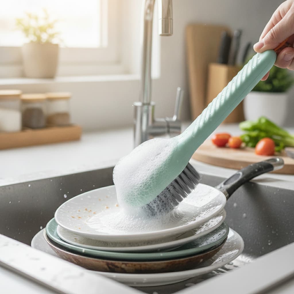 Escova Limpeza Multiuso com Reservatório Sabão Integrado Ergonômica Cerdas Resistentes Cozinha