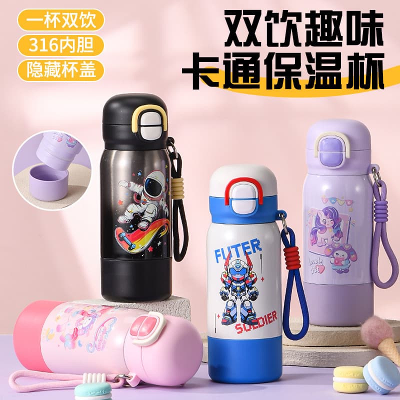 2026 Novo produto Novo desenho animado de aço inoxidável três copo térmico para beber feminino bonito copo de água portá