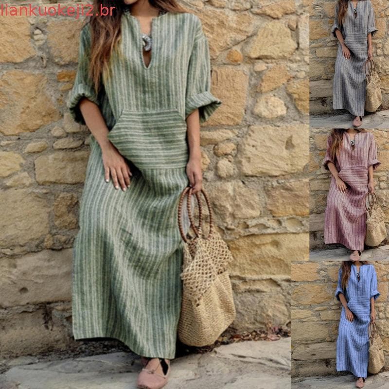 Vestido Feminino Listrado De Linho De Algodão Primavera Verão Casual Longo Solto