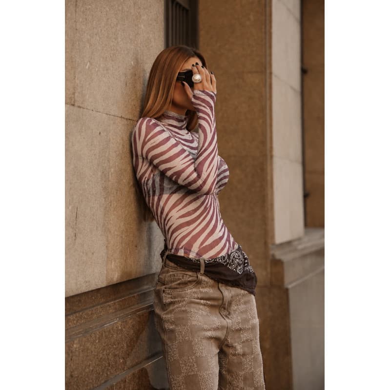 2026 Blusa Tule Segunda Pele Feminina Animal Print Country Manga Longa Ajustada Outono Inverno Moda Blogueira