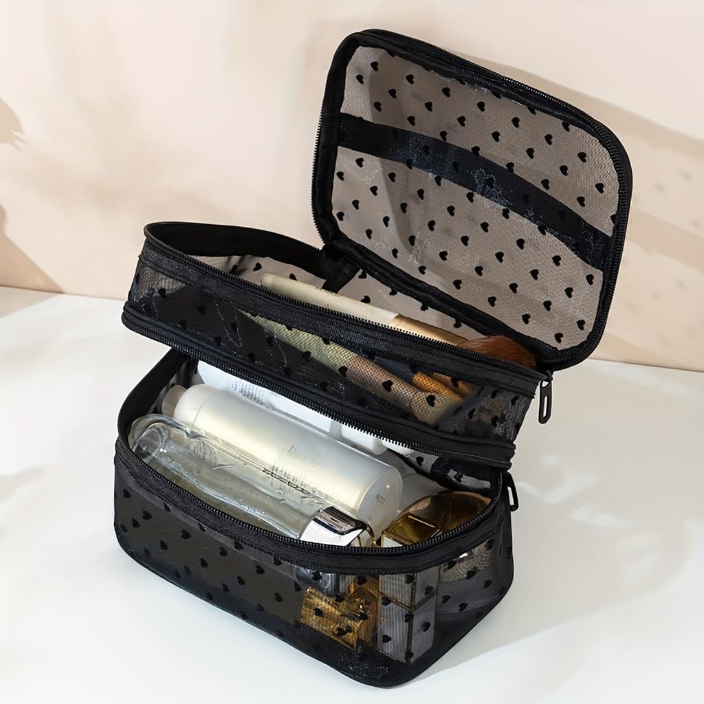 Bolsa De Maquiagem Para Armazenamento De Malha De Camada Dupla , Padrão De Coração , Grande Capacidade , Feminina , Resp