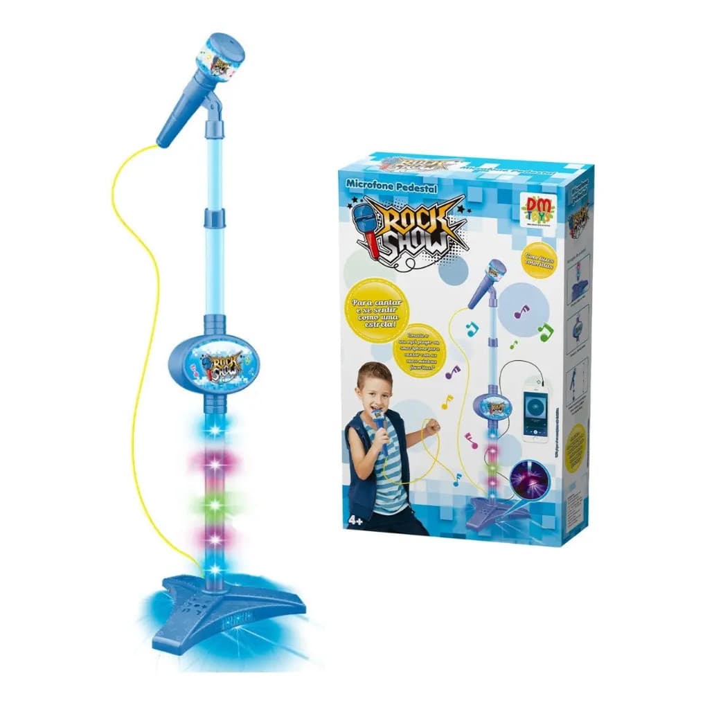 Microfone Pedestal Infantil Com Luz Conecta Celular Brinquedo Azul DM Toys