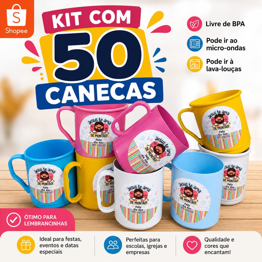 Presente dia das crianças kit 50 canecas 375 ml personalizada lembrancinha igreja evangélica escola creche brinquedo