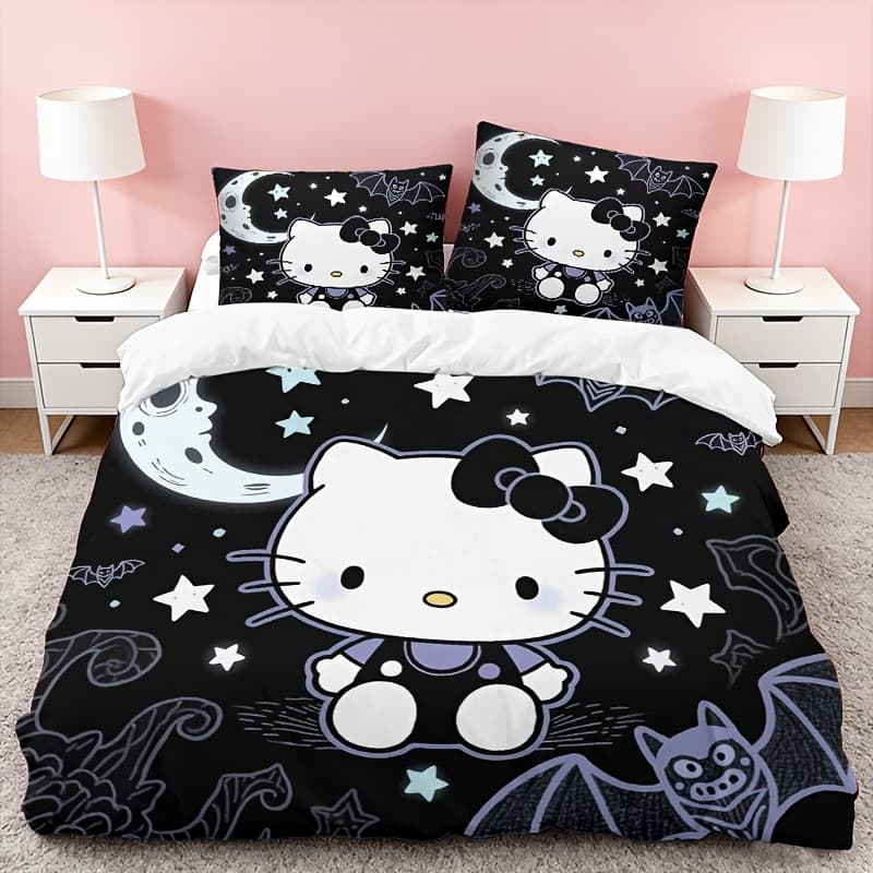 Conjunto de três peças de roupa de cama Sanrio Hello Kitty, incluindo padrão Hello Kitty sentado inferior crescente e fu