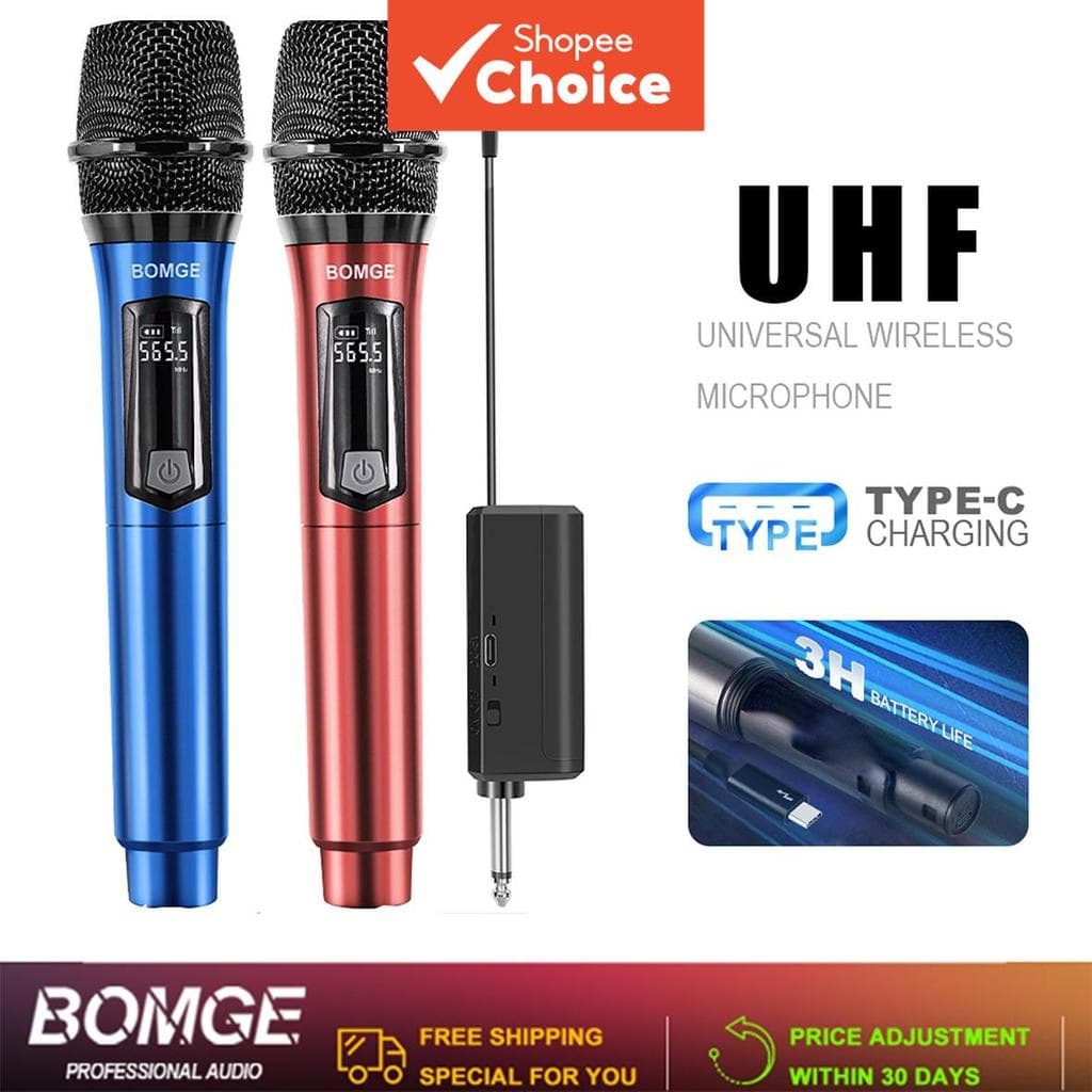 BOMGE 261RB Microfone de Mão sem Fio em Metal, Sistema Duplo UHF, Microfone Dinâmico Profissional