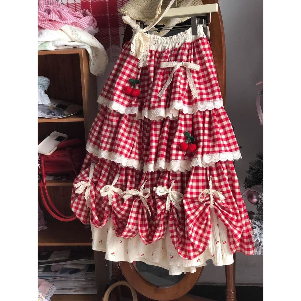 Saia Midi Feminina Xadrez Cereja com Renda e Camadas 3814