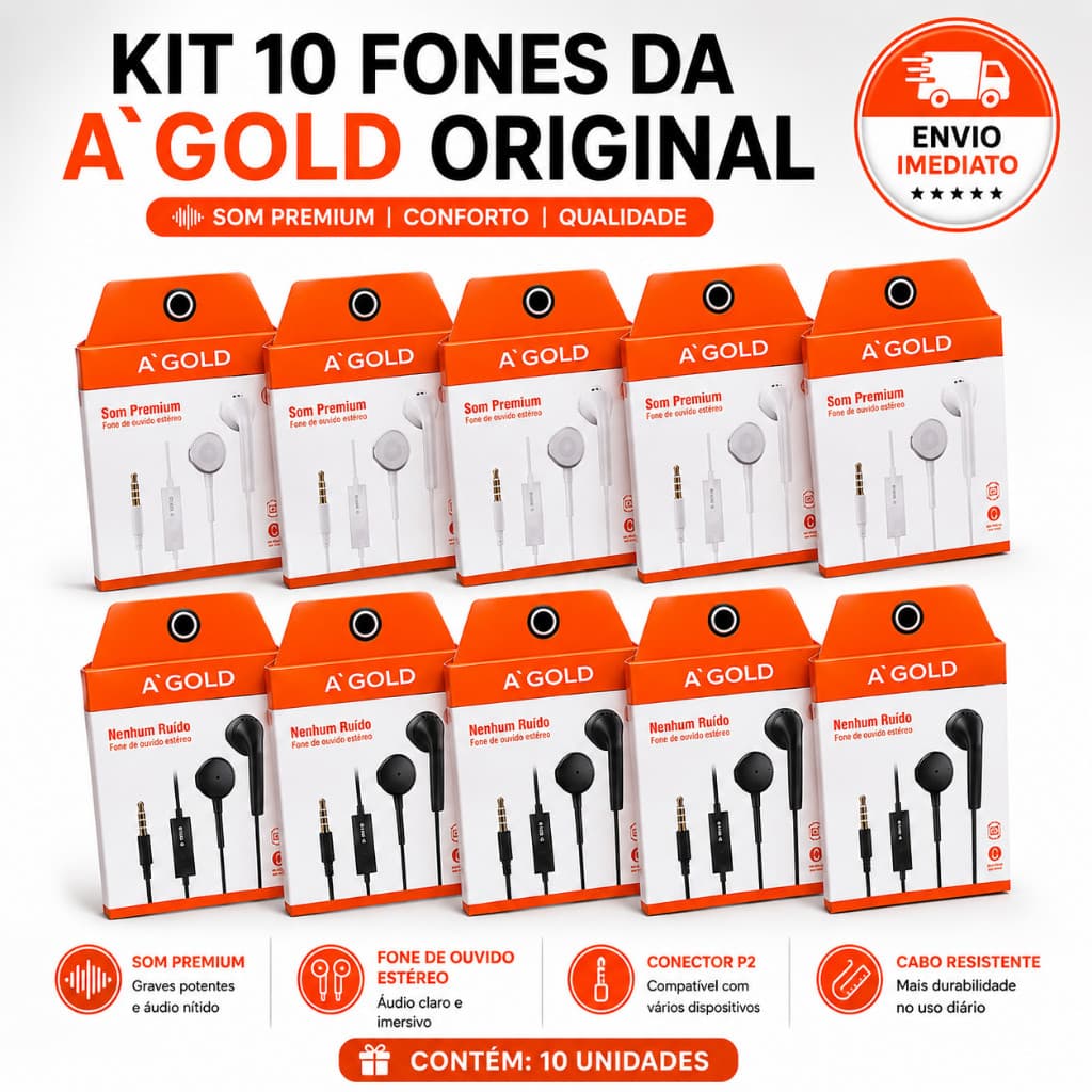 Kit 10 Fones de Ouvido P2 A'Gold Original com Microfone Atacado Som Estéreo