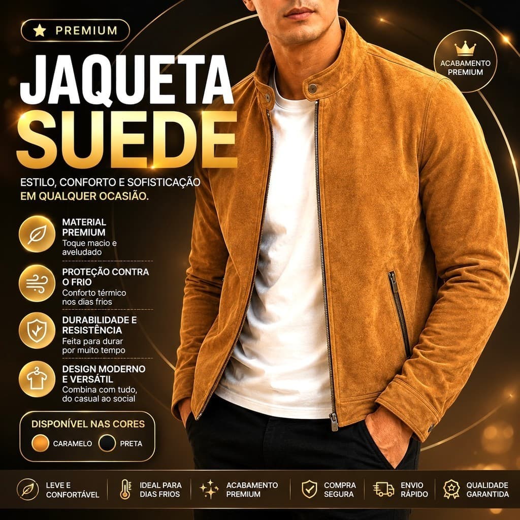 Jaqueta De Suede Masculina Casual Forrada Pelucia Com Punho Interno Casaco De Inverno Premium Slim
