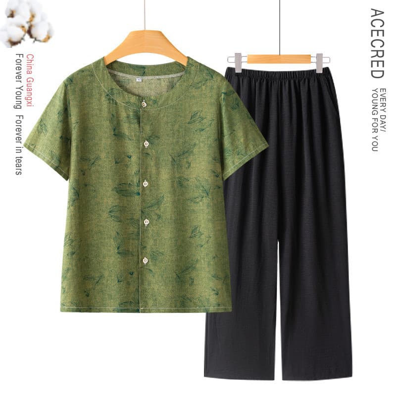 Senhora velha Casual terno primavera verão estilo fino par camisa de meia-idade idosos feminino mãe moda de manga curta