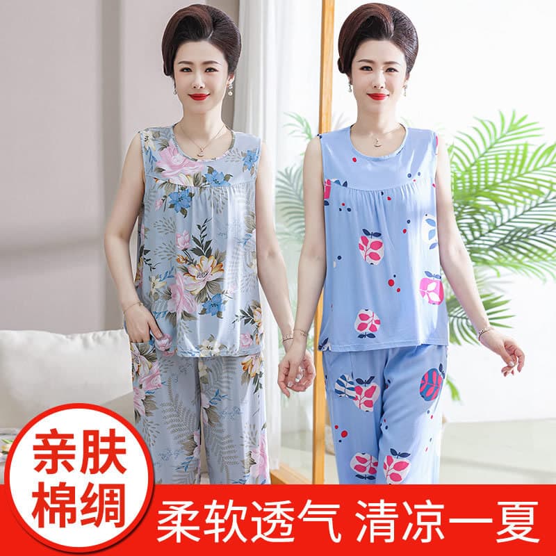 Pijamas de seda de algodão senhoras verão colete sem mangas de meia-idade idosos verão estilo fino roupas de casa da mãe