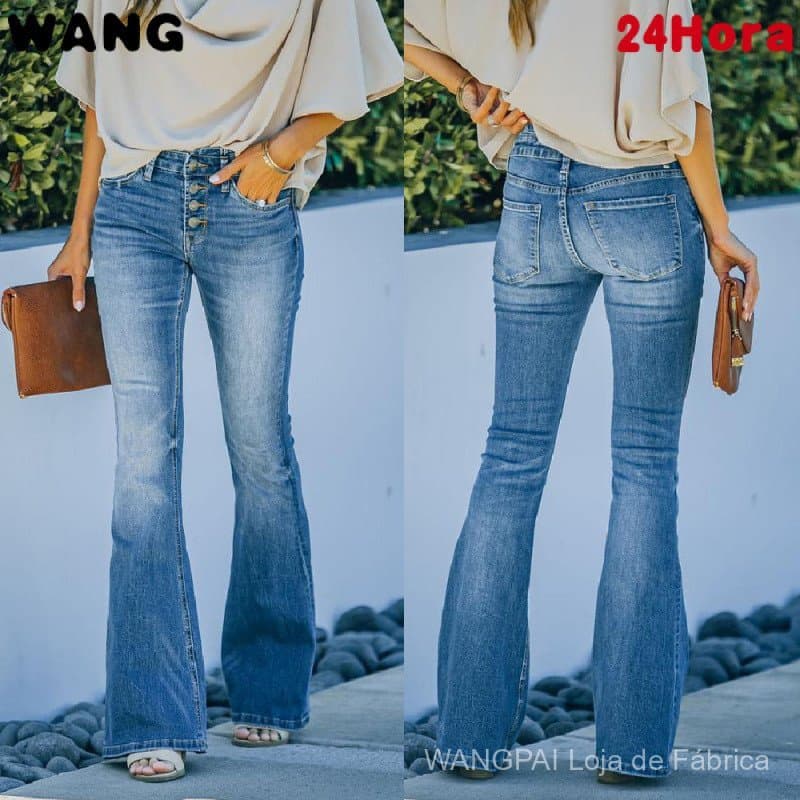 Calças de Denim Femininas de Cintura Alta, Cor Sólida, com Múltiplos Botões e Corte Micro-Flare Elástico