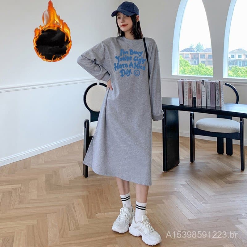 Outono inverno estilo forro de lã influenciador moletom feminino quente longo camiseta vestido sobre o joelho vestido el