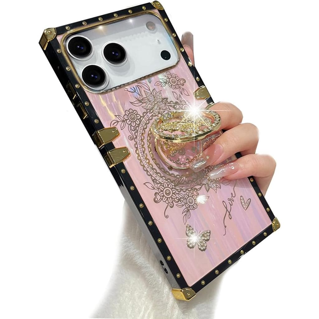 Capa Brilhante para iPhone 17 Pro Max com Suporte, Bonita Capa com Diamantes Brilhantes e Borboleta, Suporte Dobrável, C