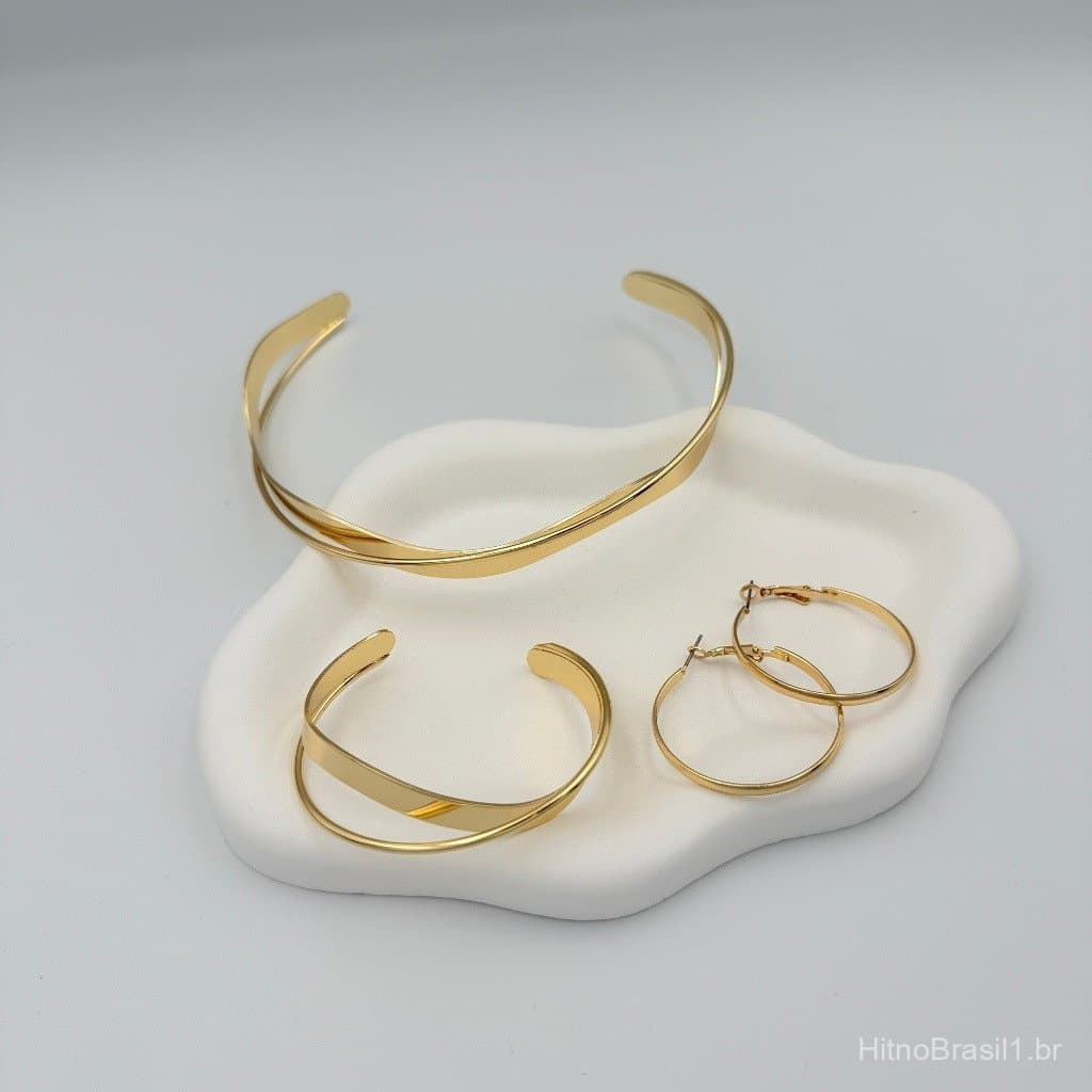 Kit Choker Pulseira e Brinco Aro Estilos populares Nó Folheado a Ouro 18k e Prata 925