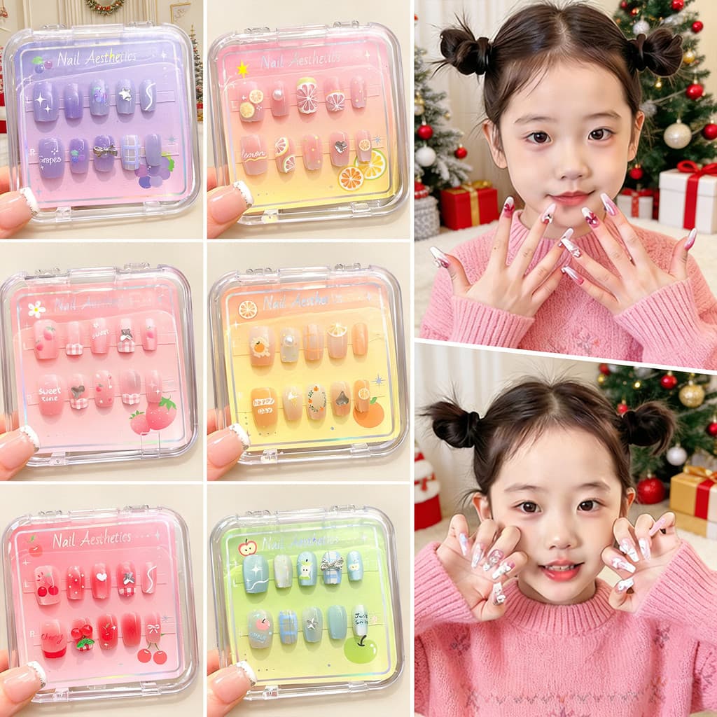 2026 Novo estilo de manicure infantil usando unhas adesivos de manicure longo doce desenho animado fofo princesa peça de