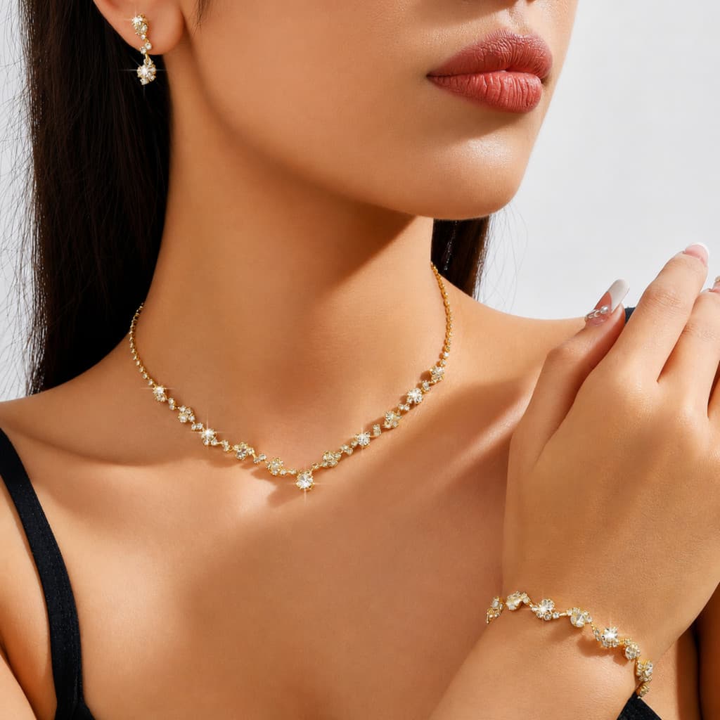 Brincos Conjunto De Joias De Cristal De Diamante Requintado , Banquete De Colar De Pulseira De Strass Brilhante