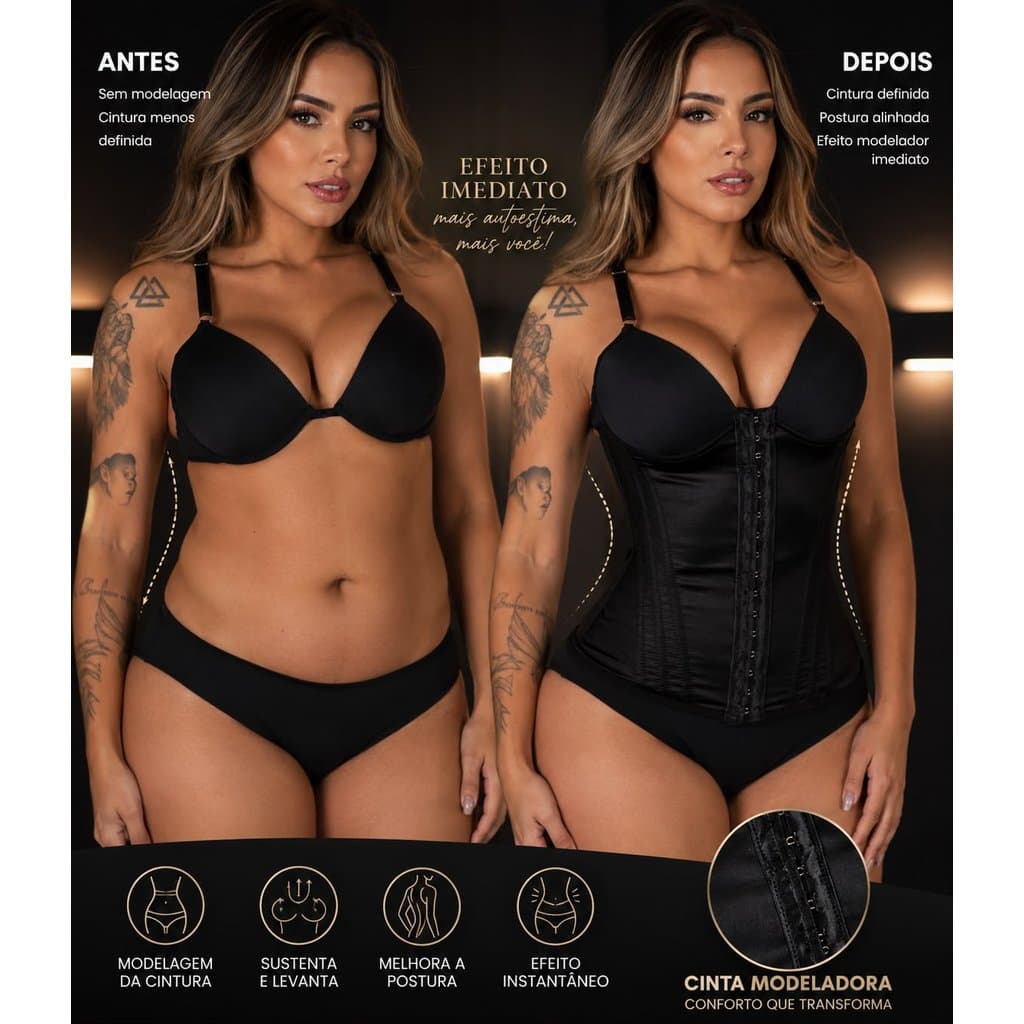 Cinta Redução de medidas/ Corpete Preto com Bojo Camisete 12 Barbatanas Alta Compressão Afina Cintura 2 Colchetes P a GG