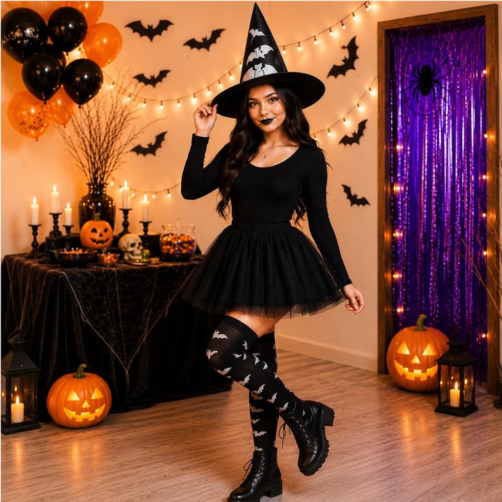 Fantasia Halloween Feminina Bruxa Chapéu E Meia 7/8 Estampa Morcego E Saia Tule