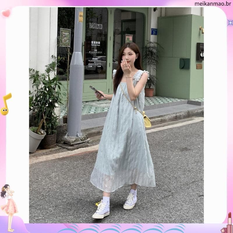 Seaside férias estilingue vestido feminino cintura alta a linha saia verão novo estilo versão coreana solto mais magro o