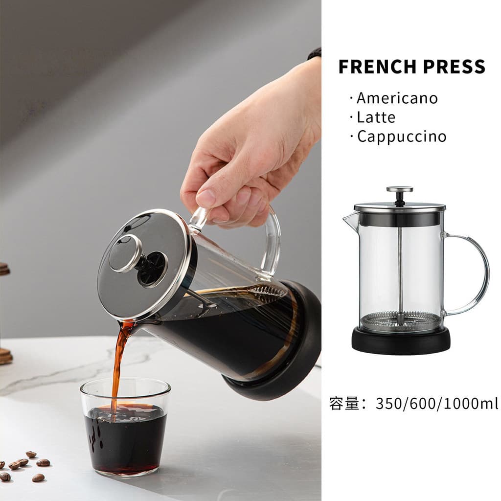 Embalagem transfronteiriça cafeteira pressão francesa vidro de borosilicato alto 304 fabricado à mão café leite espuma m