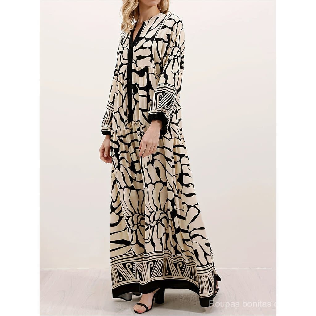 Vestido de manga comprida/vestido longo soltinho com decote em V/roupão confortável/roupa casual feminina