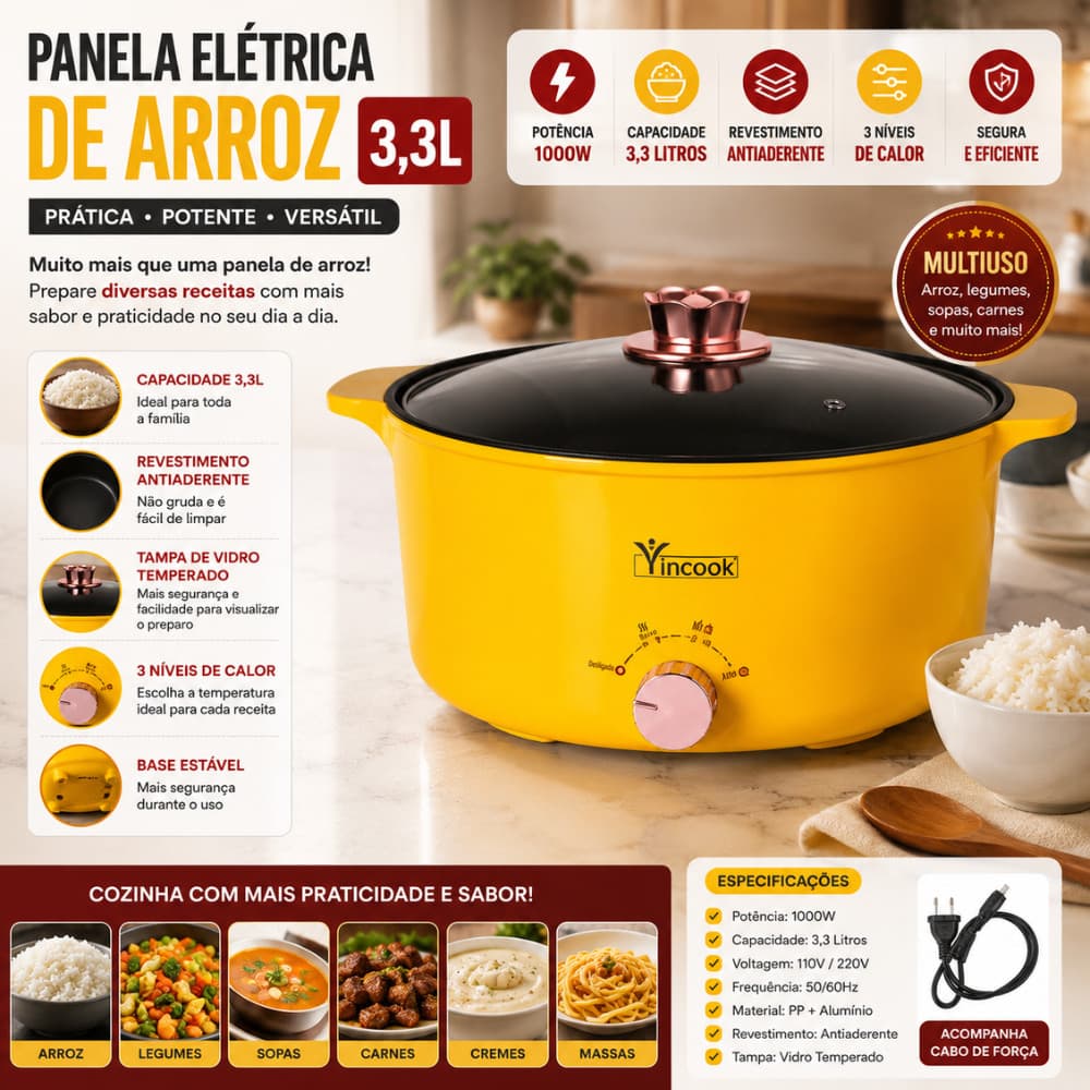 Panela Elétrica de Arroz 3,3L 1000W Antiaderente com Tampa de Vidro 3 Níveis de Calor Multiuso 110V ou 220V