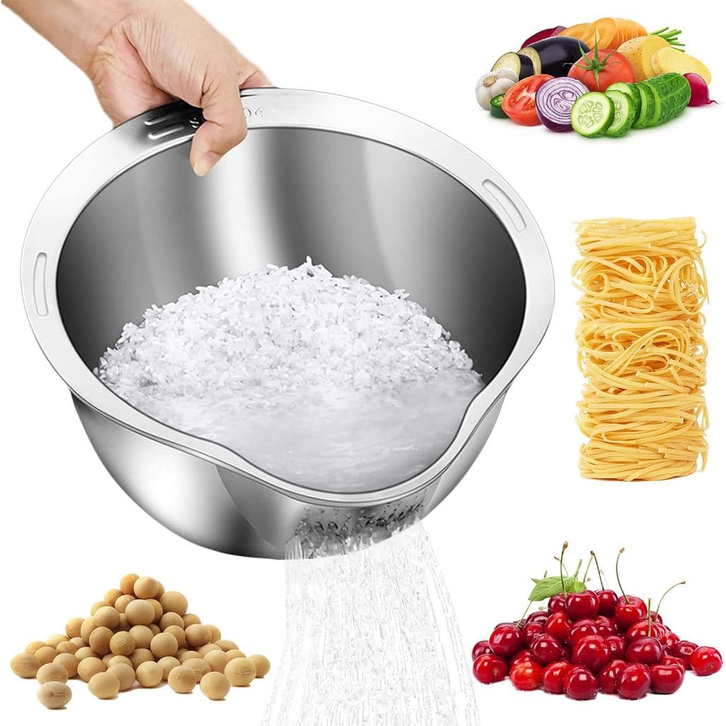 Tigela Lavadora e Escorredora de Arroz - Tigela de Lavagem 4 em 1 para Quinoa, Escorredor de Aço Inoxidável com Drenos L