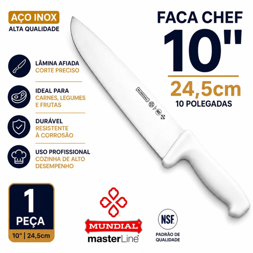 Faca Aço Inox 10 Polegadas 24,5cm masterLine Utensilio Carnes Legumes e Frutas Cozinha Chef mundial