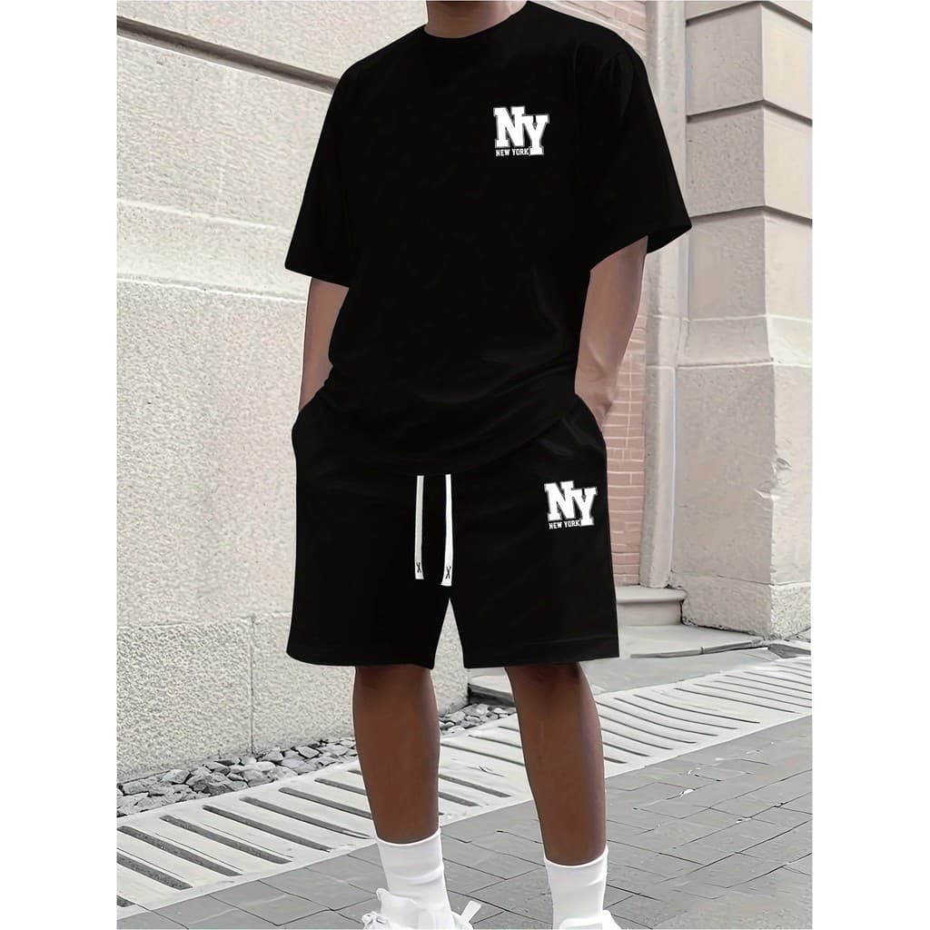 Conjunto Masculino 2 Peças Kit Bermuda Camiseta Manga Curta Gola Redonda Short com Bolsos Casual Estampa New York Verão
