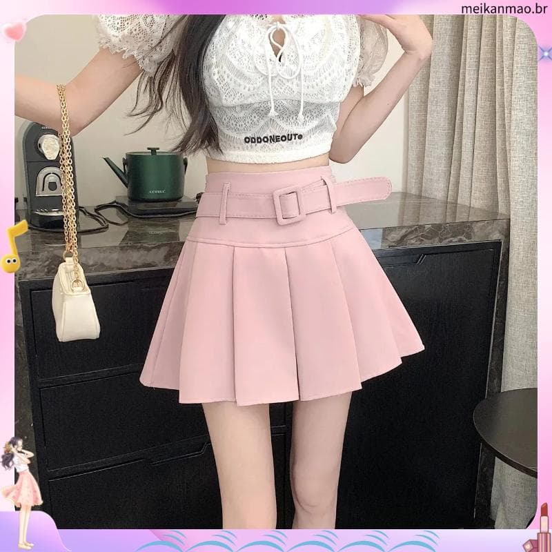 Saia rosa 2025 primavera verão novo estilo cintura alta mais magro olhar a linha saia doce picante estilo Preppy saia pl