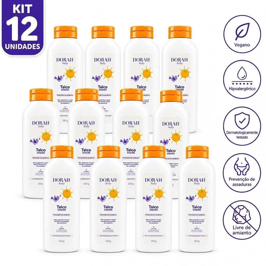 12x Talco Infantil 180g Dorah Baby Pele Sequinha Fragrância Suave Dermatologicamente Testado