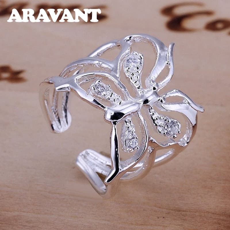 Anel Ajustável Aberto de Prata 925 Aravant com Design de Ganso e Borboleta, Joia de Moda Feminina A11G