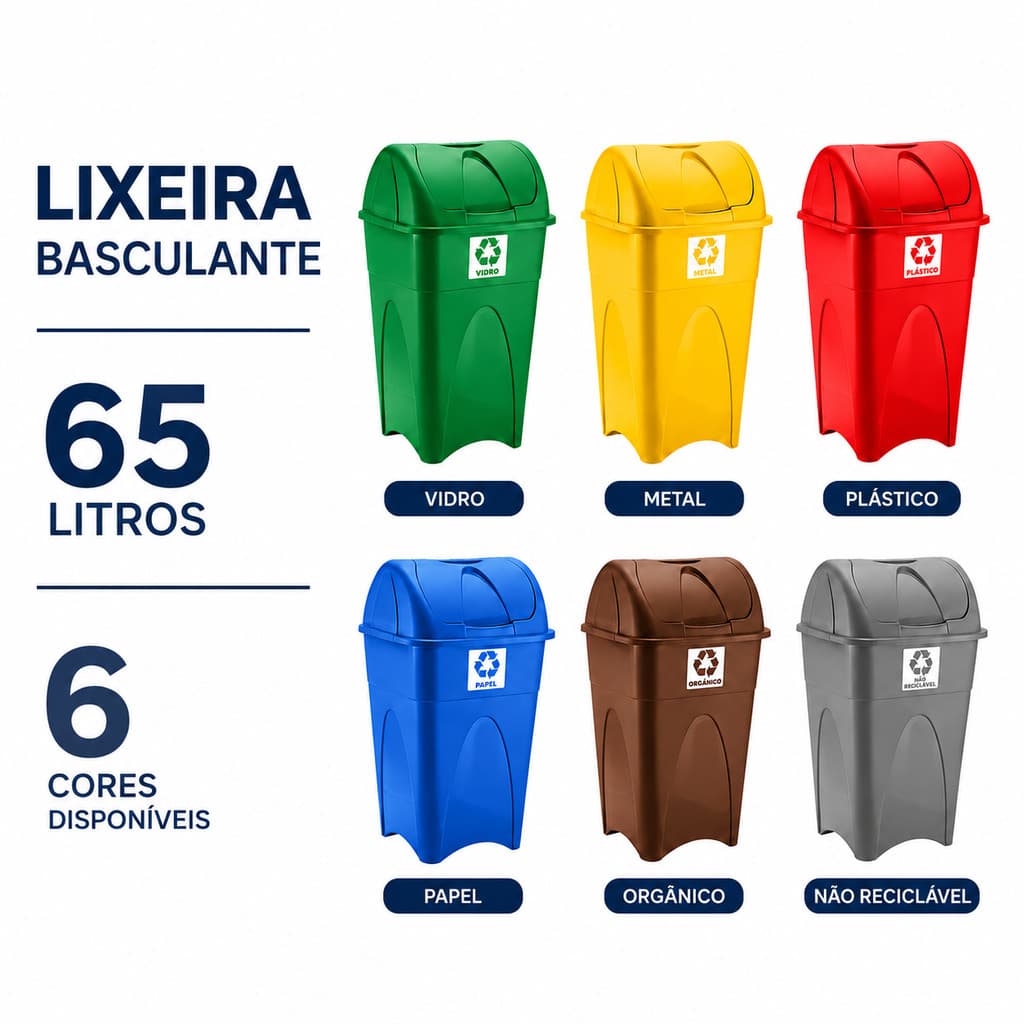 Lixeira Basculante Azul 65L Reciclagem Coleta Seletiva Cesto Lixo Escola Empresa Condomínio Comércio Hospital