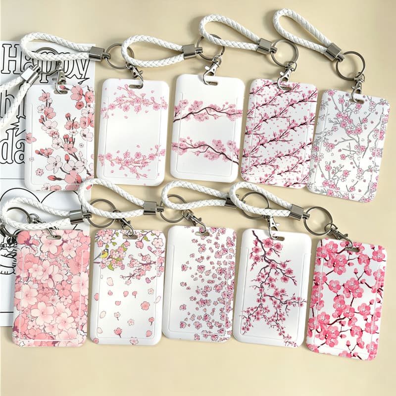 Porta-Cartões Floral Sakura Japonês Com Cordão , Design Minimalista Para Estudantes , Trabalho , Escola E Uso Diário