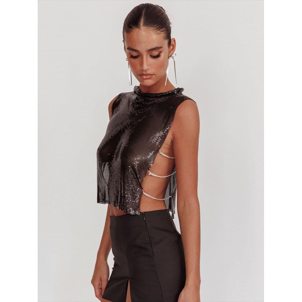 [Novo produto] Top estilo feminino de Metal com lantejoulas e corrente dividida com gola pilha [venda quente]