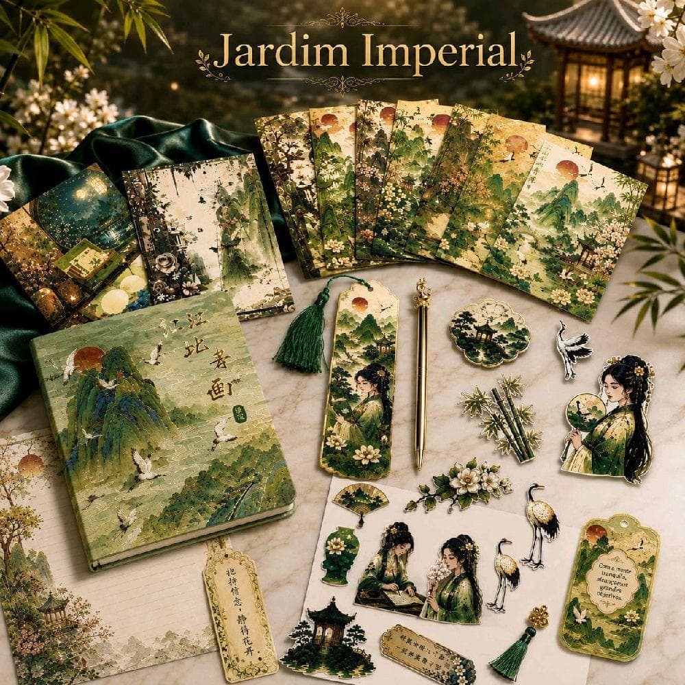 Kit Papelaria Jardim Imperial Oriental A5 Caderno Caneta Metal Adesivos Presente Fofo
