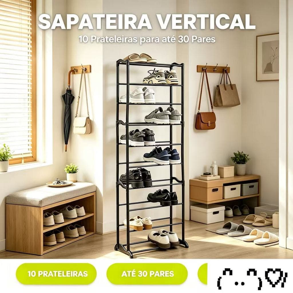 Sapateira Vertical 10 Prateleiras, Até 30 Pares de Calçados para Entrada