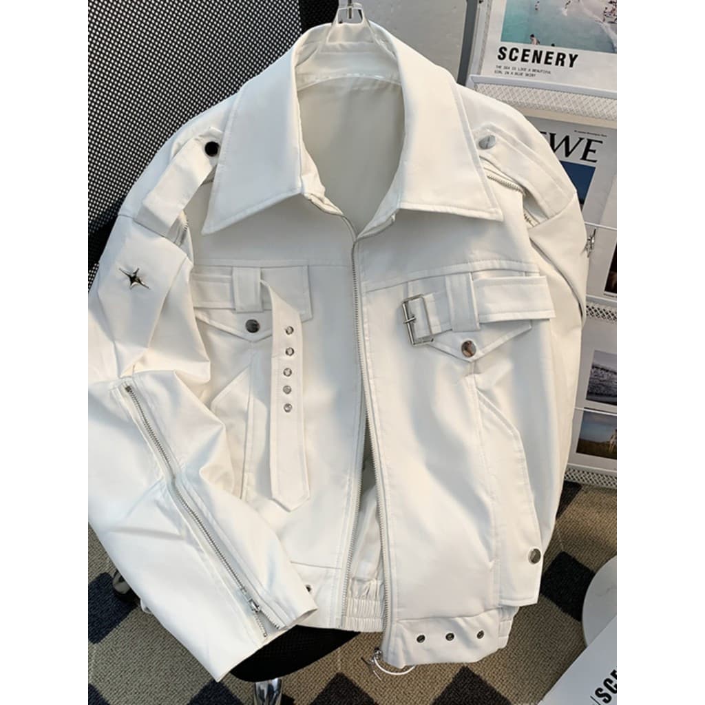 Jaqueta de couro masculina estilo americano, desconstruída, para primavera e outono, corte cleanfit, estilo motociclista