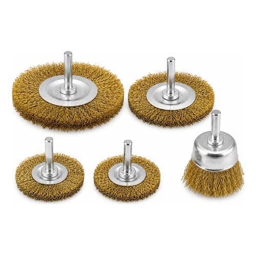 Kit 5 Escovas de Aço Circular com Haste para Furadeira Limpeza Polimento Remoção de Ferrugem Metal Madeira Solda