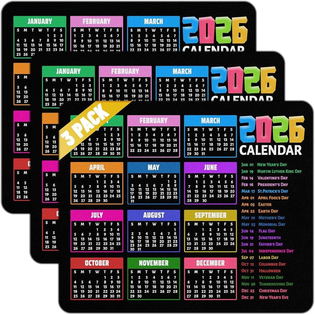 2026 Calendar Mouse Pad, 9.5 x 7.9 Inch, Non-Slip Rubber Base, 3 Pack, Monthly Planner with Holidays for Computer Laptop