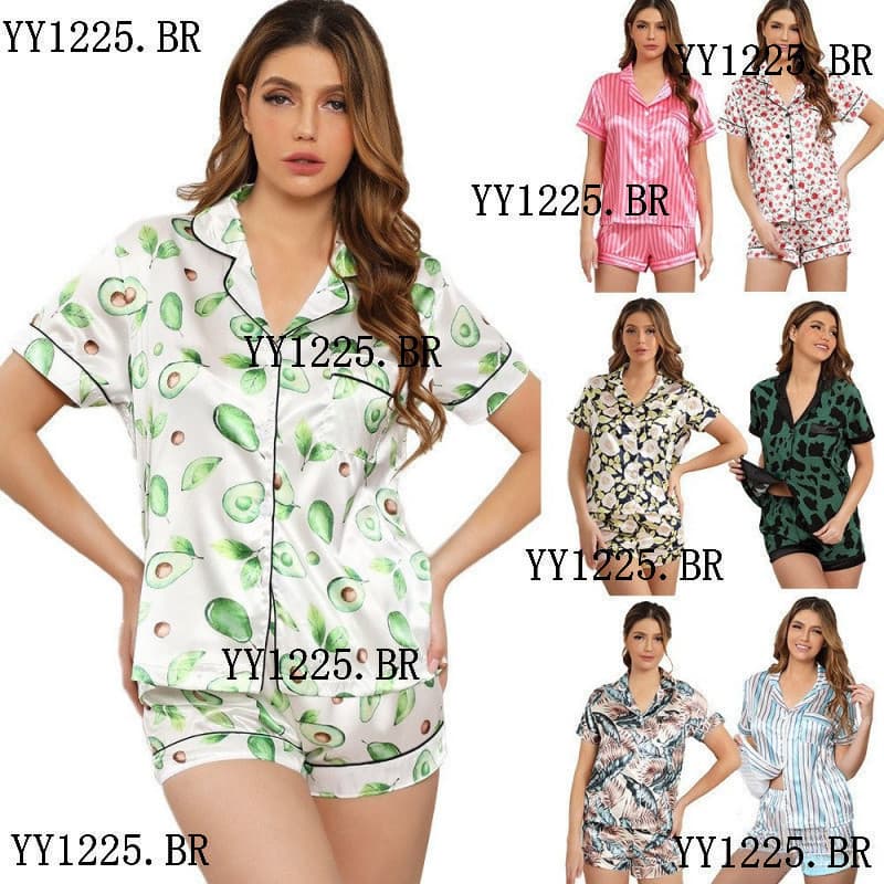 Pijamas Feminino Verão Seda Impresso Cetim Manga Curta Cardigan Shorts Conjunto de 2 Peças