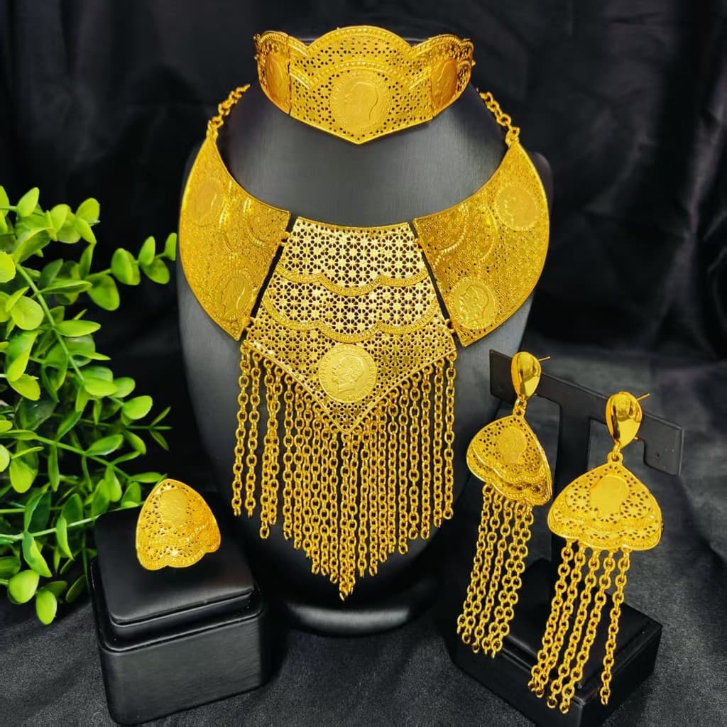 Conjunto De Joias De Noiva Árabe Banhadas A Ouro 24K Para Mulheres Estilo Indiano Colar Brincos Anel Pulseira Com Strass